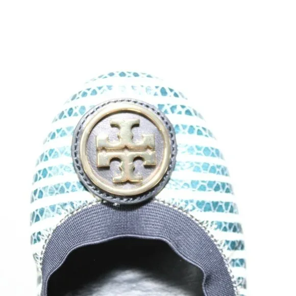 Tory Burch Caroline 2 Striped Ballet Flats Navy White Gold Shoes Size 7.5 H13069 - Picture 5 of 11